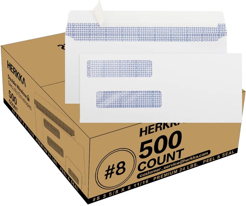 HERKKA #8 Double Window Security Check Envelopes, No.8 Double Window Bussiness Envelopes Designed for QuickBooks Checks - Computer Printed Checks - 3 5/8 X 8 11/16 (NOT for INVOICES) - 24 LB - 500 PACK - Image 1